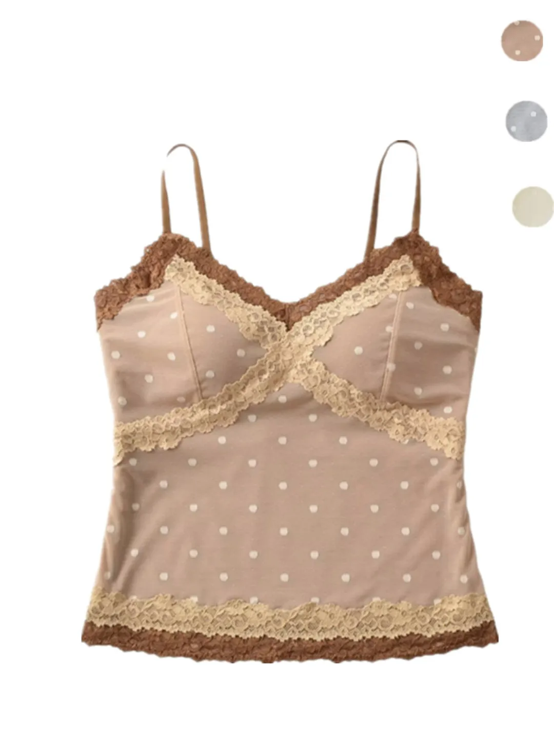Polka Dot Color Block Lace Trim Double Layer Integrated Cup Chest Pad Strap Slimming Pure Desire Top Women's Street Style Hig...