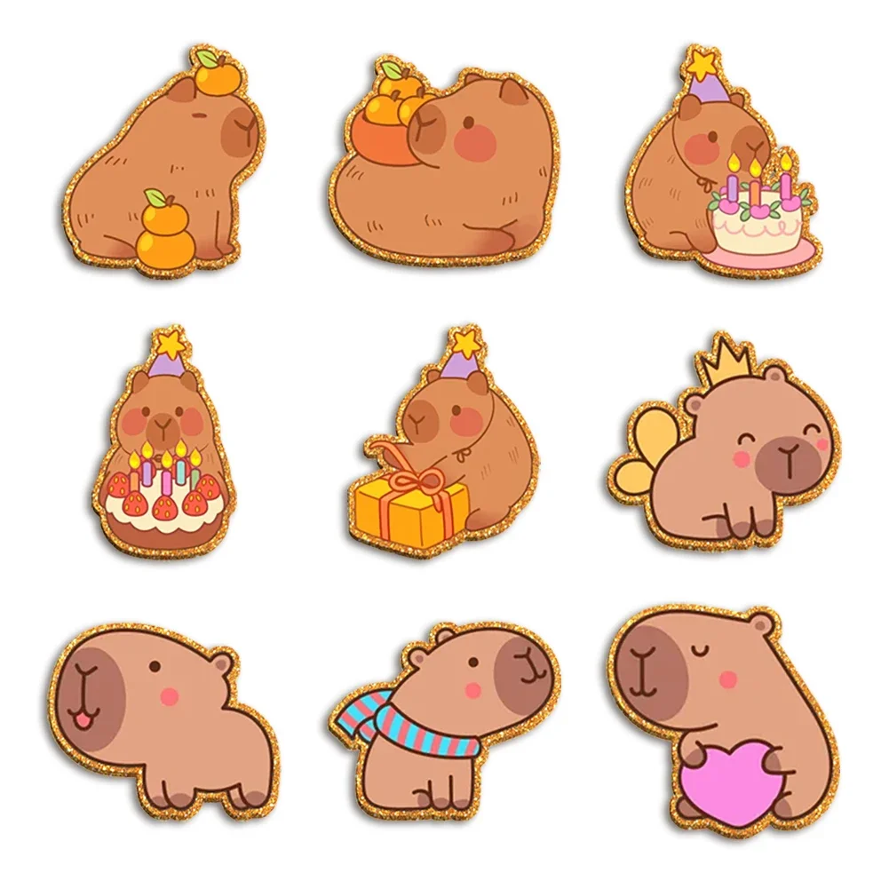Dolls Capybara Cute Cartoon Design 9pcs/set 50mm Color Glitter Acrylic Flatback for Phone Case Keychain Hair Bow Decoration