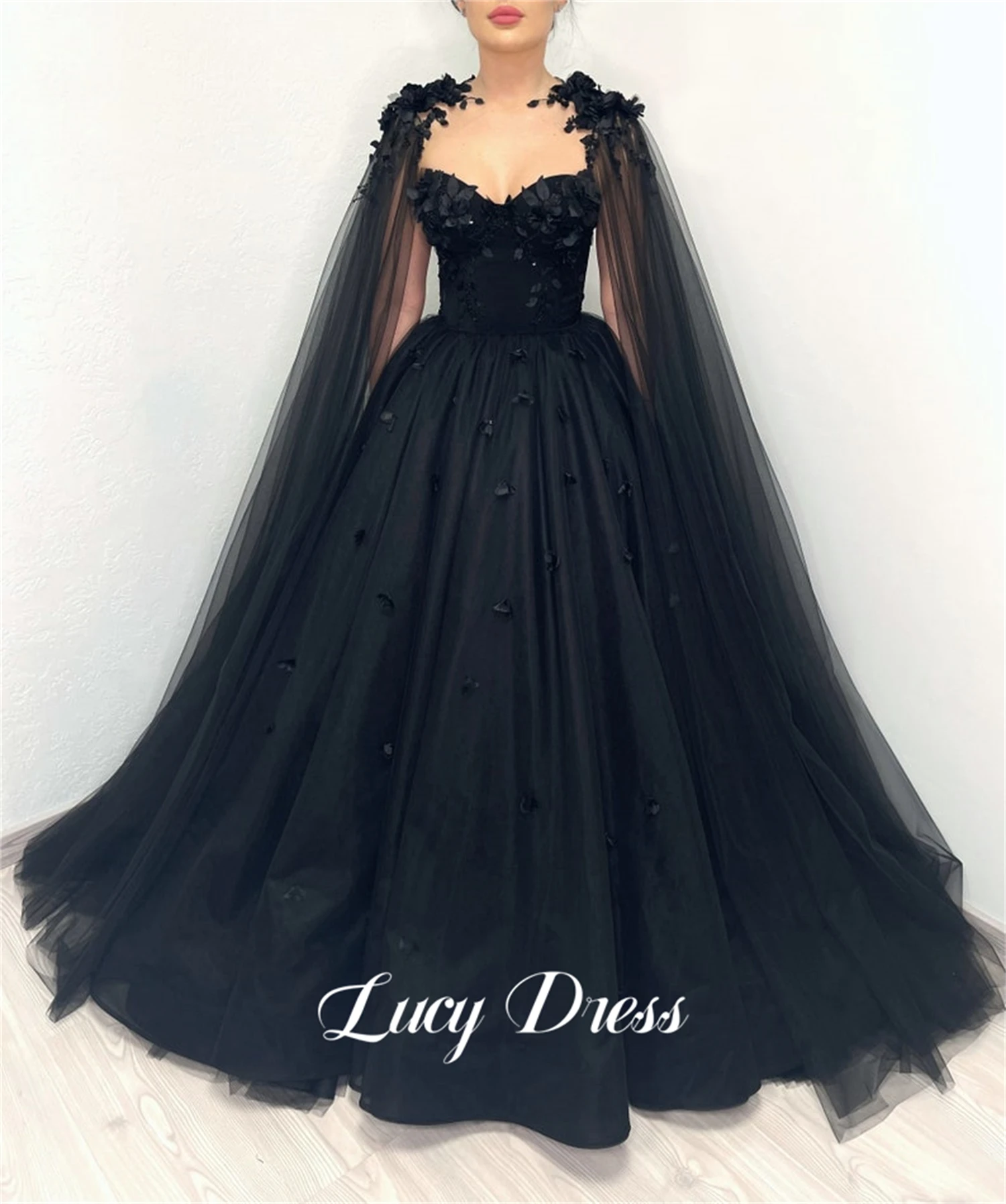 Lucy-vestido De novia negro con decoración De flores, lujosos vestidos De noche para mujer para bodas, bata De noche para mujer, fiesta personalizada