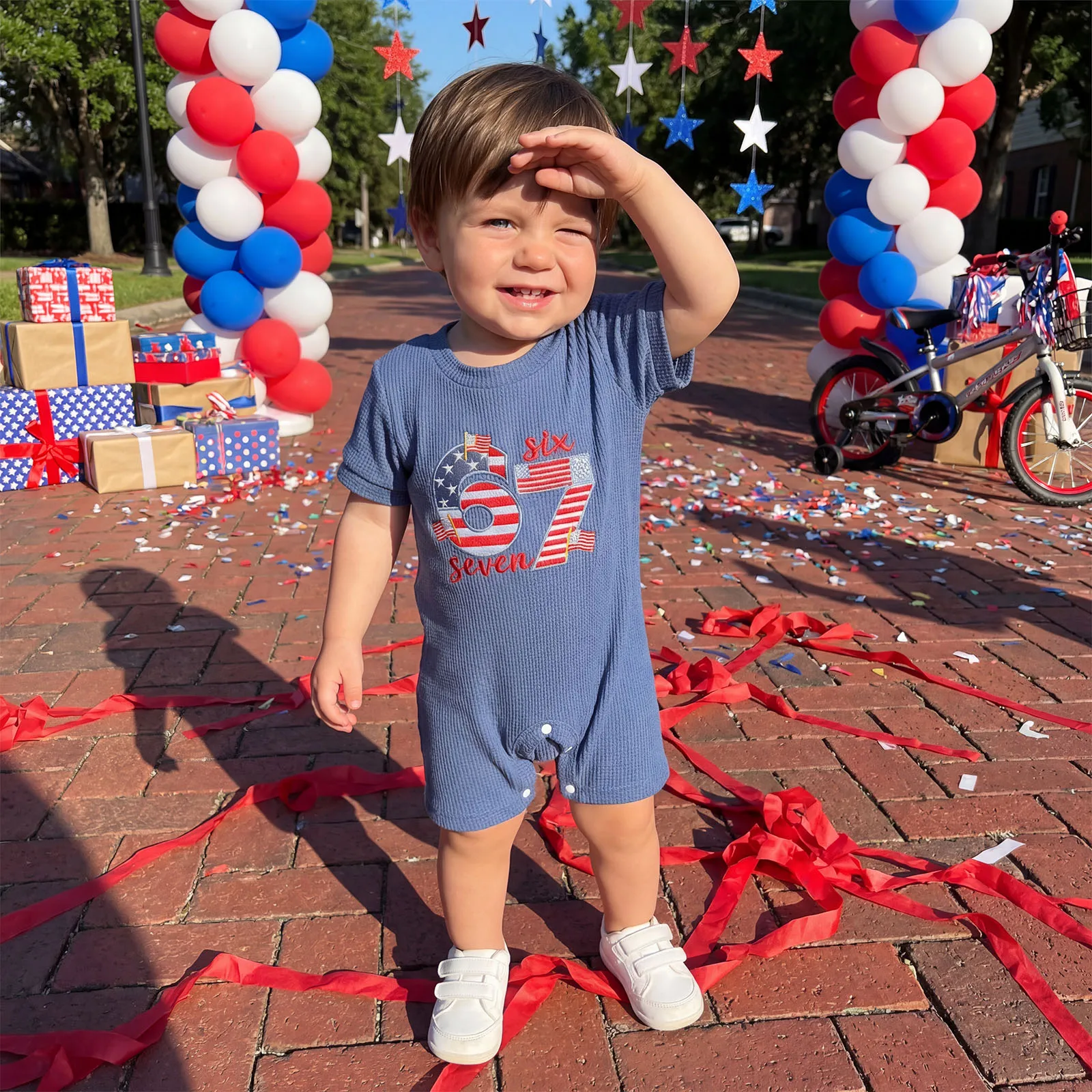 Baby Boy 4th of July Romper Casual Waffle Embroidered Crew Neck Short Sleeve Infant Jumpsuit