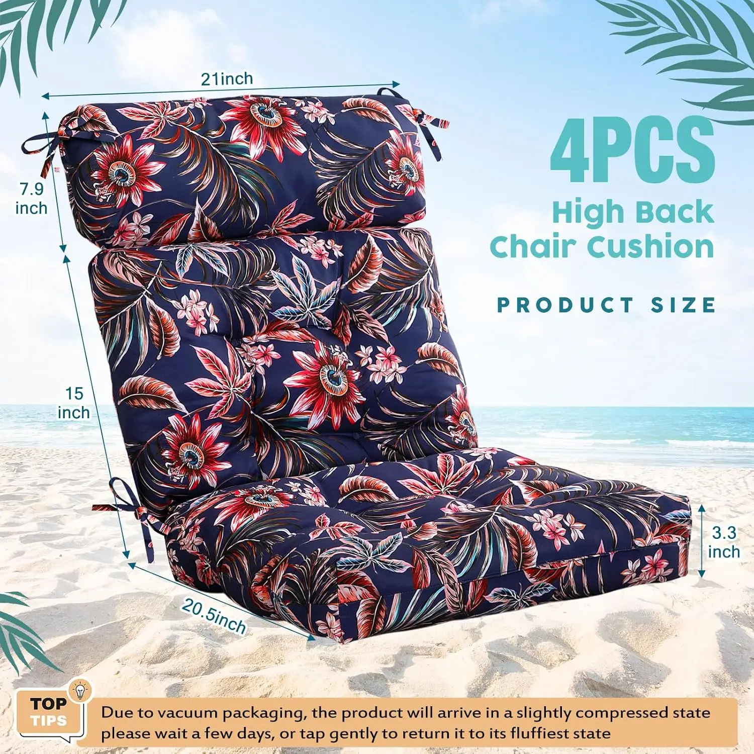 Indoor/Outdoor Chair, Palm Leaves Pattern, Bright Color, Tufted High Back Cushions with Ties