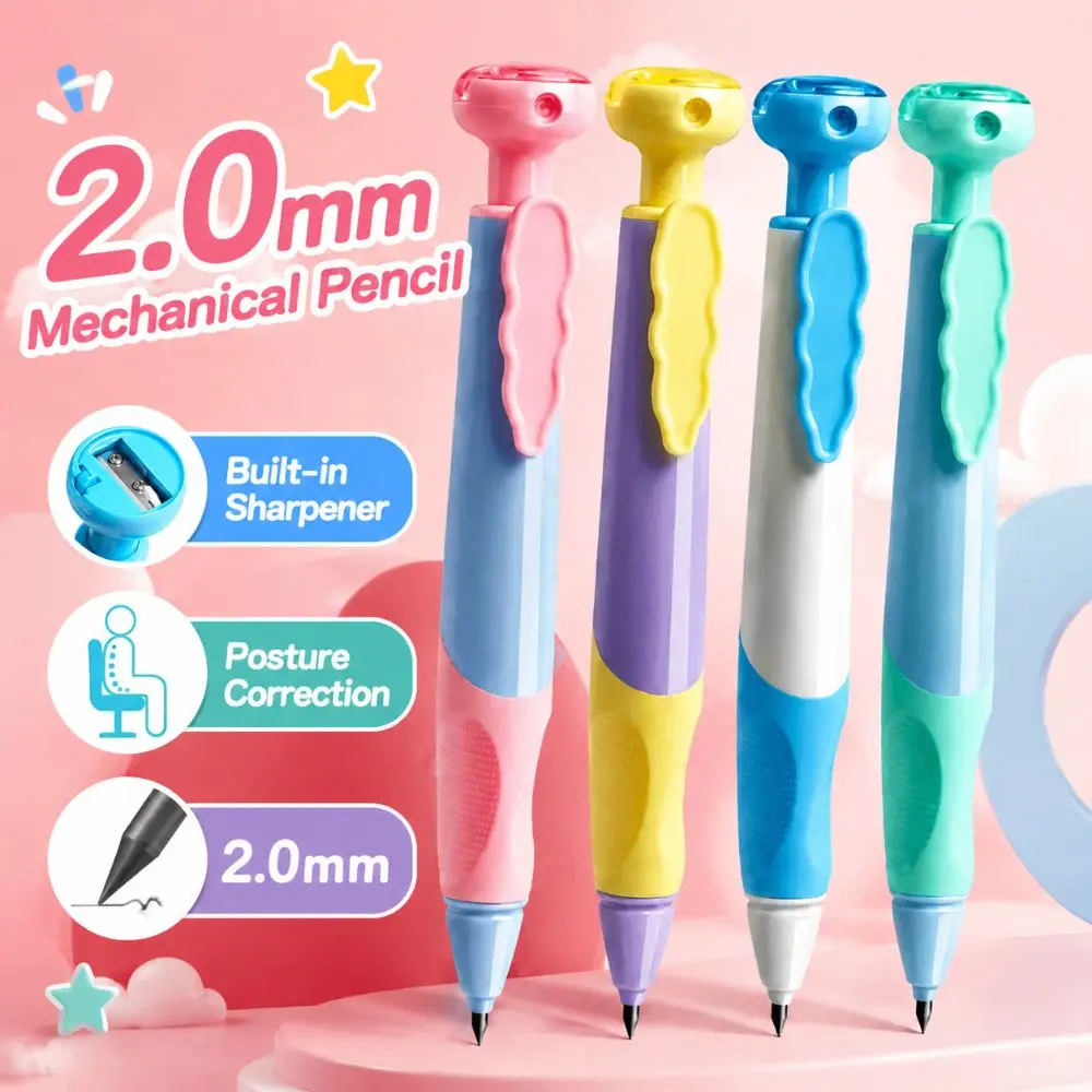 2.0mm Thick Lead Mechanical Pencil Set Posture Correction Ergonomic Grip Writing Pencils HB Lead Refills Built-in Sharpener