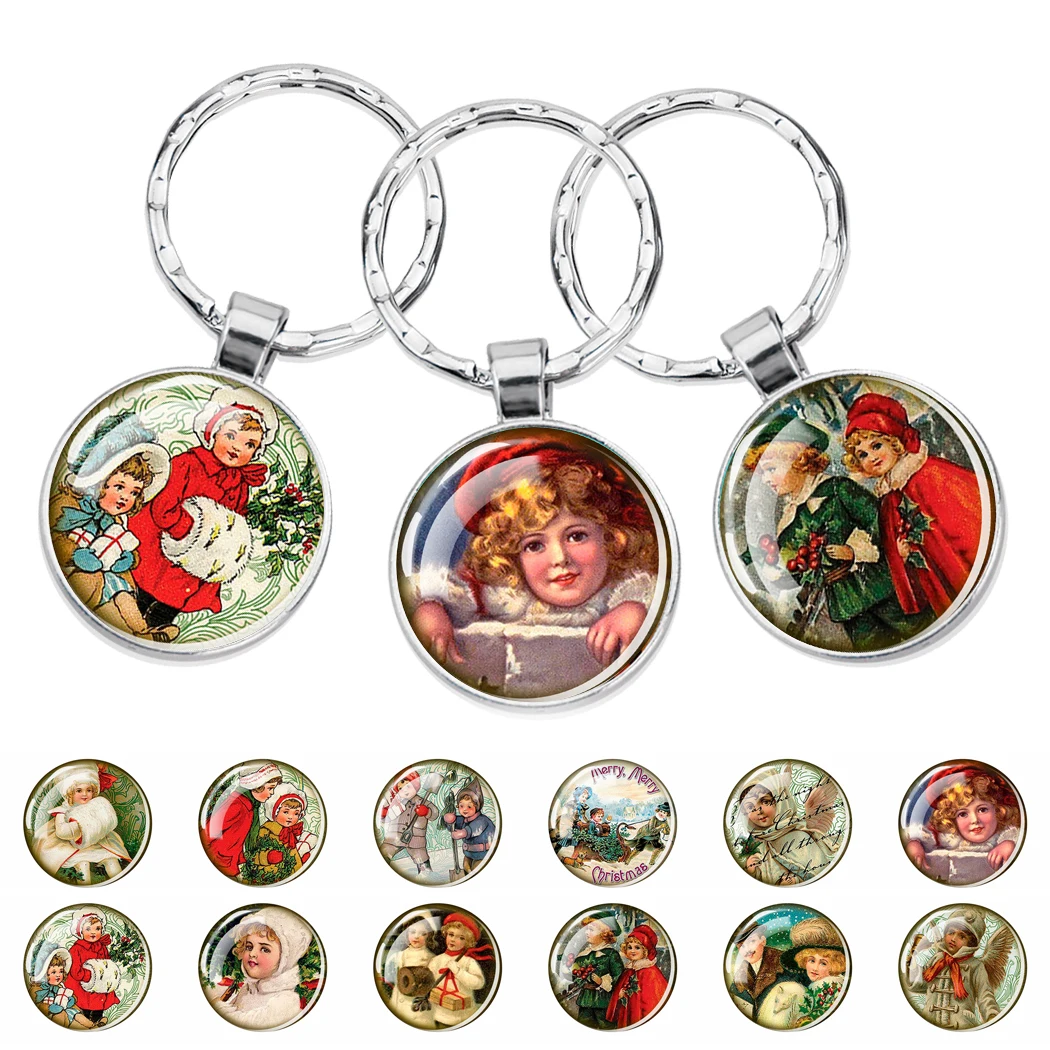 Fashion Innocent Children Keychain Christmas Angel Girl Image Glass Cabochon Gem Keyring Charm Wallet Backpack Pendant Meet Gift