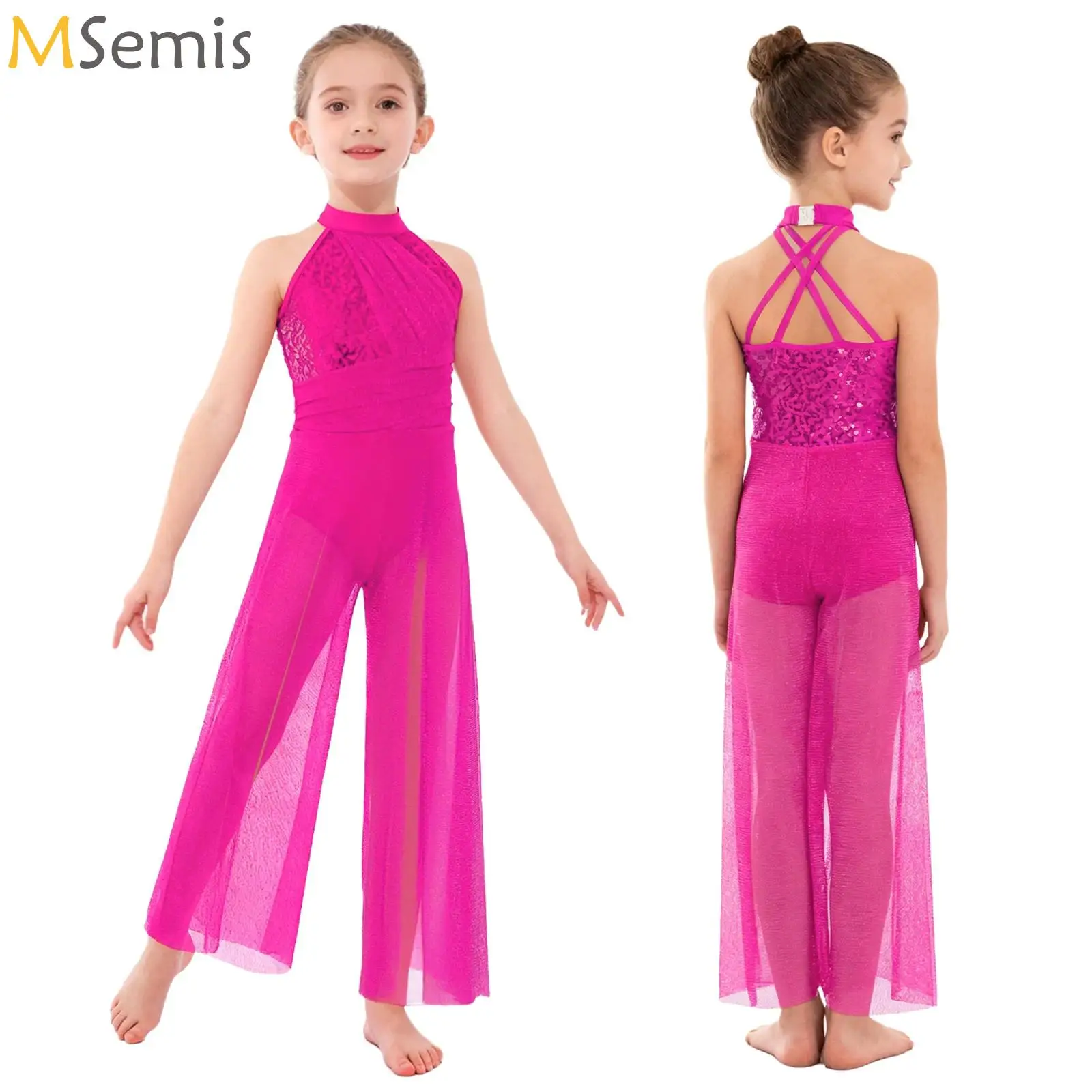 

Kids Girls Lyrical Contemporary Dance Mesh Split Jumpsuit Dress Gymnastics Full Wide-Leg Bodysuit Ballroom Ballet Dance Costume
