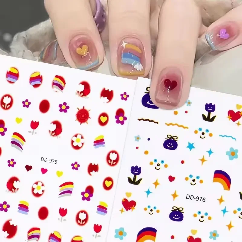 1pcs Sweet Element Nail Art Stickers Simple Flower Heart Cherry Strawberry Kawaii Decals Colorful Bow Butterfly Manicure Sliders