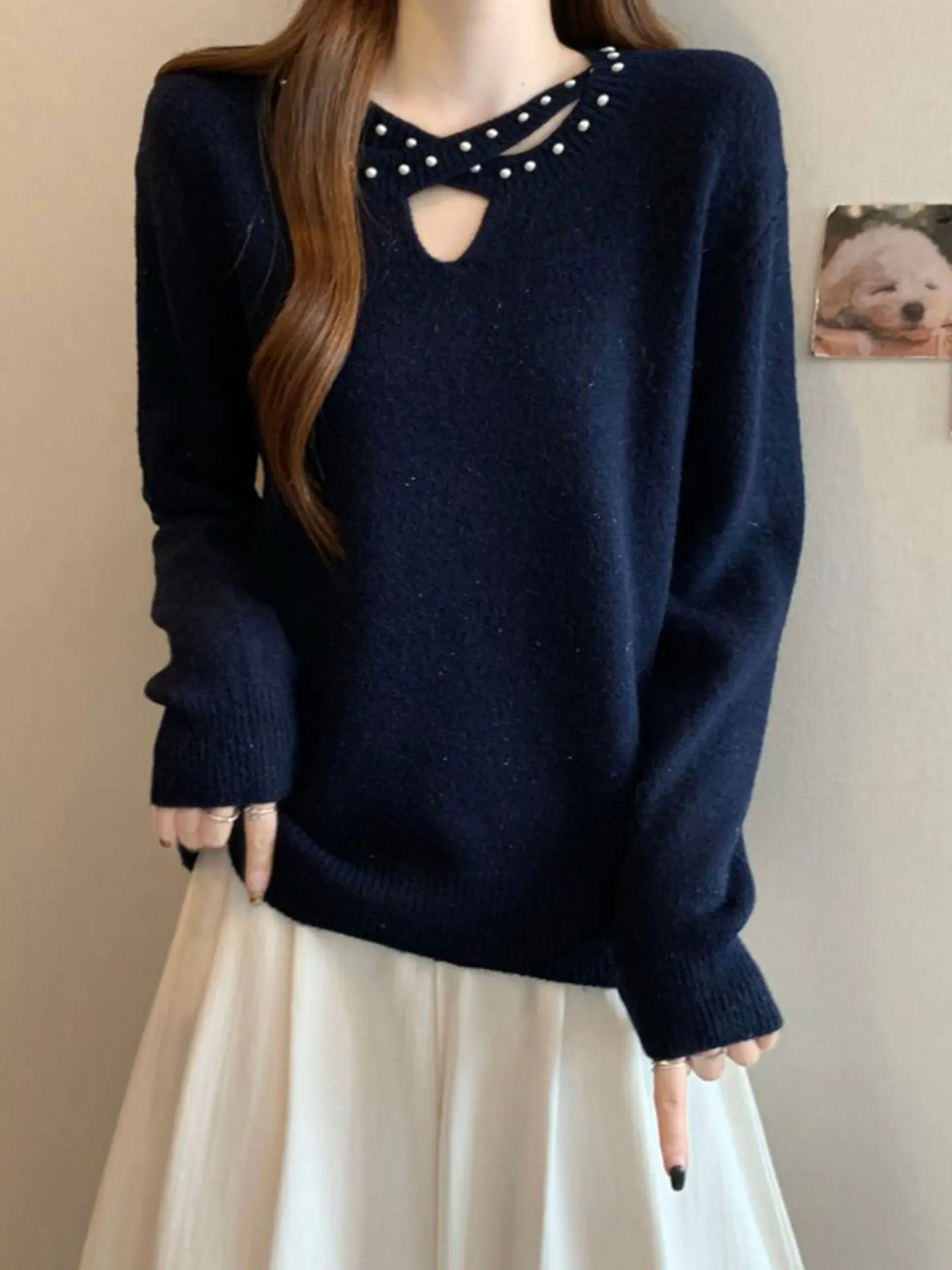 

Вязаный свитер с бисером, синий, женский, больших размеров, осенне-зимний, повседневный, свободный крой, длинный рукав, топ