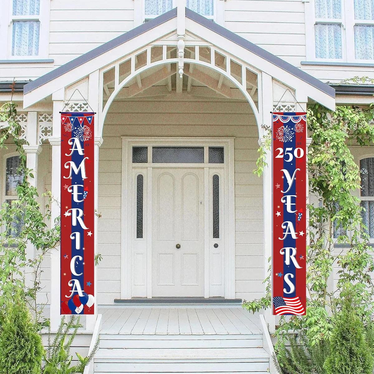 

1 Pair American 250th Anniversary Celebration Banner with Pole & String, Flag Hanging Door Porch Decorative, USA 250 Anniversary