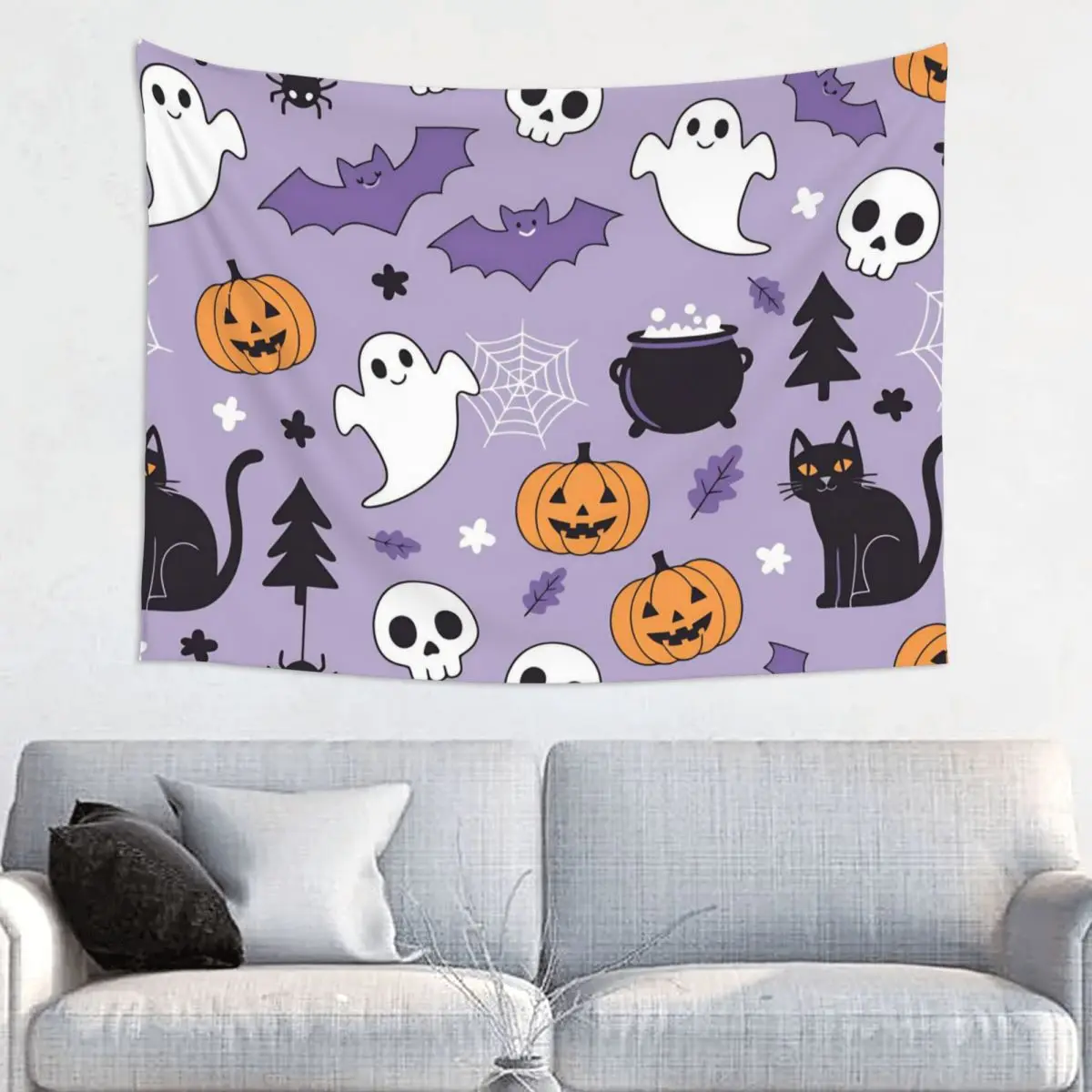 Halloween Tapestry Wall Hanging Printed Fabric Tapestry Cartoon Cats Ghosts Bohemian Throw Rug Blanket Wall Decor Tapiz
