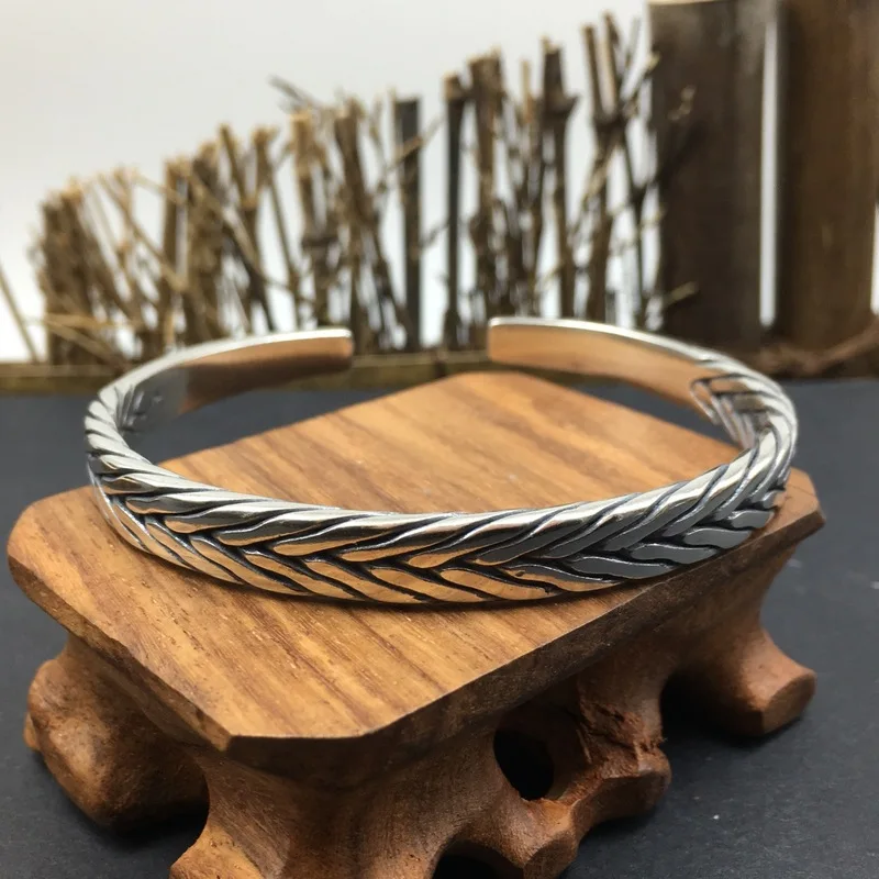 S925 Jewelry Open Woven Wide Bracelet, Thai Handmade Silver Bangle