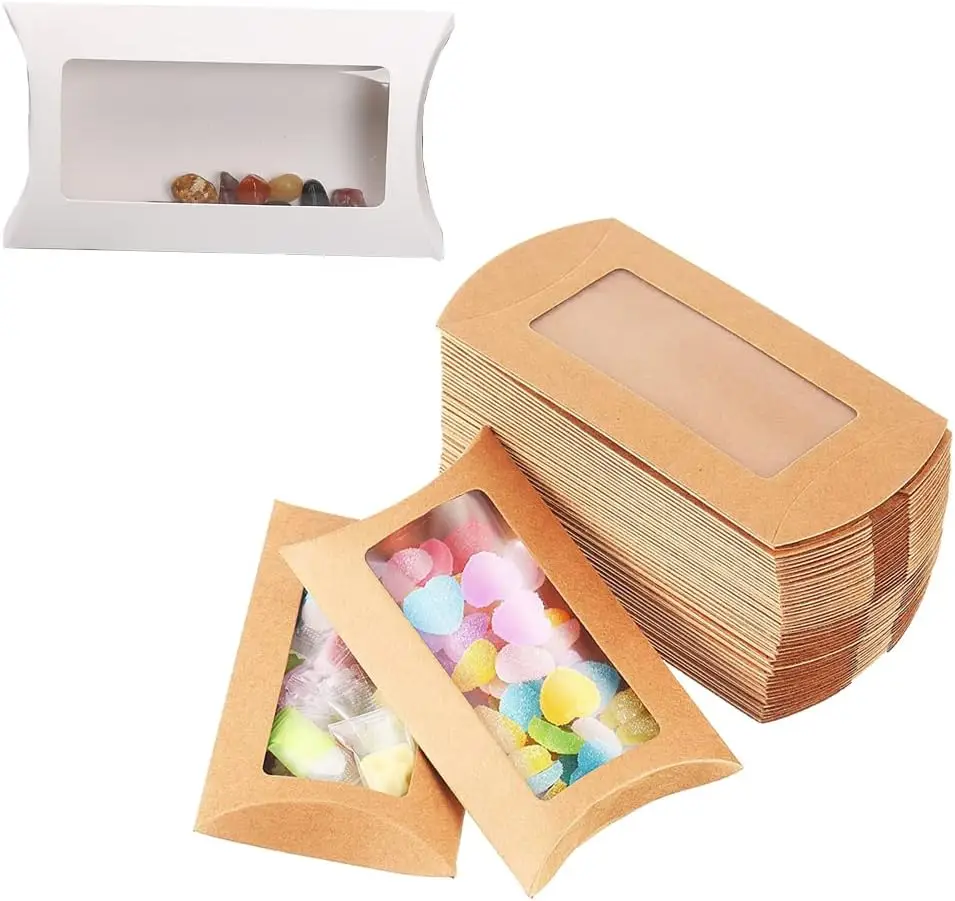 10/30/50 Stück Kraftpapier-Kissenbox mit transparentem Fenster, Süßigkeitenverpackungsbox, Snackbox für Geburtstags- und Hochzeitsfeiern – Detail 5