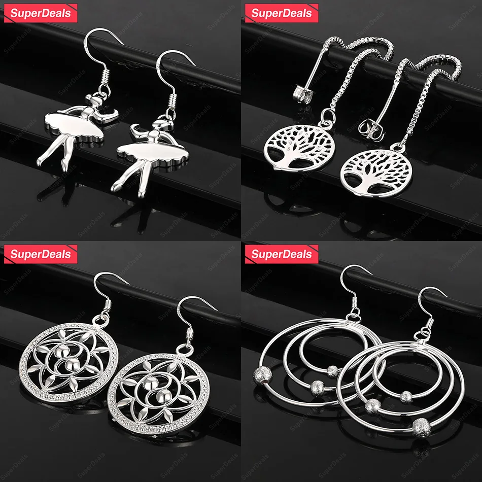 

SuperDeals 925 Sterling Silver Tree Shape Round Drop Earrings Women Fashion Popular Jewelry Anniversary Party Christmas Gift