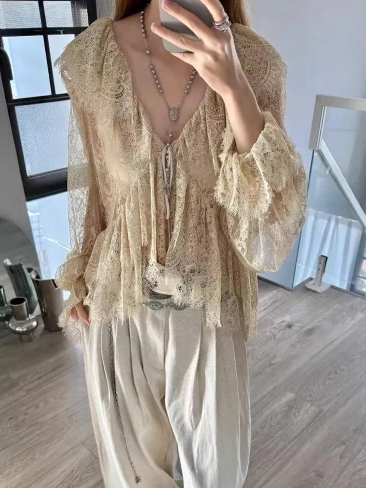 Spring 2026 Women's Fashionable Lace Decorated Layered Long Sleeve Shirt French Style Loose Fit V Neck Transparent Design