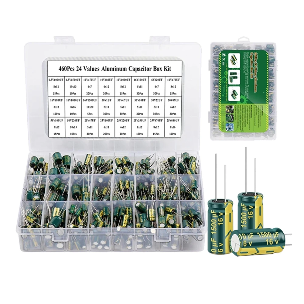 15/24/36 Values 225/460/925Pcs Aluminum Electrolytic Capacitors High Frequency Low ESR 16V-50V with Storage Box for DIY Projects