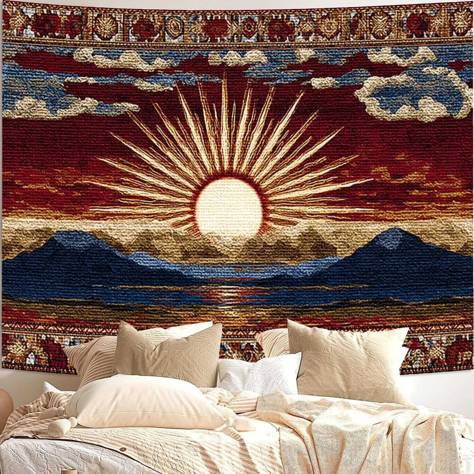 VIKAMA Bohemian Vintage Sunrise Mountain Tapestry Medieval Weaving Wind Sun God Printed Room Decoration