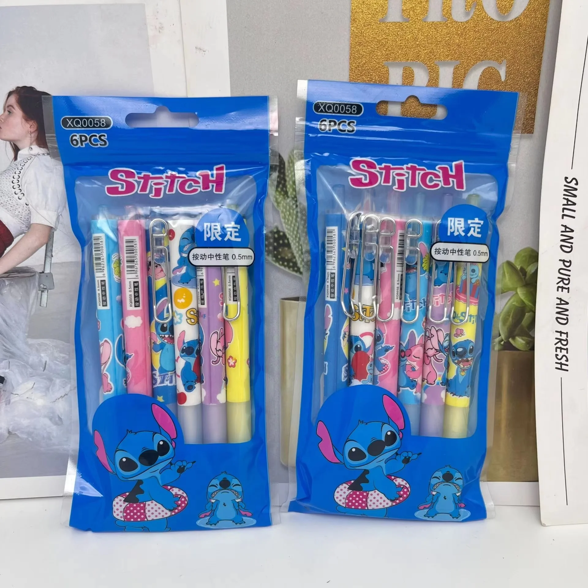 12/144 Pcs Cartoon Stitch Bag Press Pen Cute Lilo & Stitch Metal Pen Clip Press Gel Pen Bullet Black Writing Pen Gift Wholesale