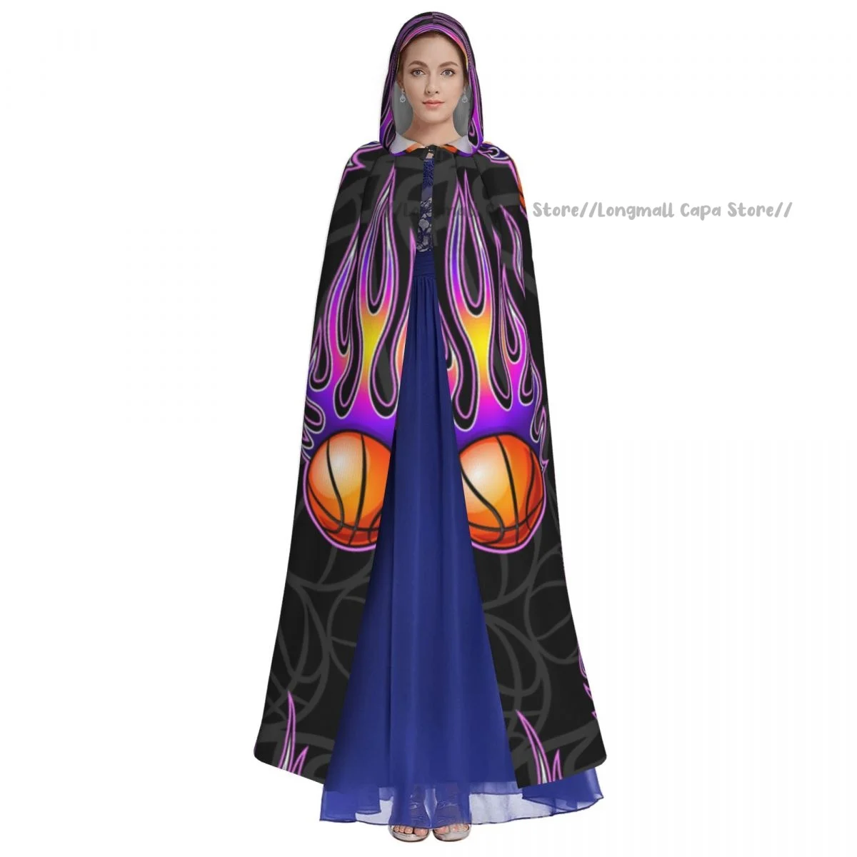 Basketball Balls And Hotrod Flames Cloak Hooded Cosplay Costume Halloween Adult Long Party Cape