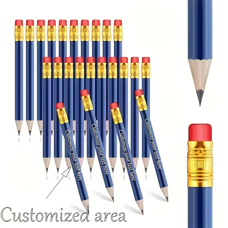 Personalized custom-engraved 30 HB short wooden pencils with erasers - sharpened pencils, golf short pencils