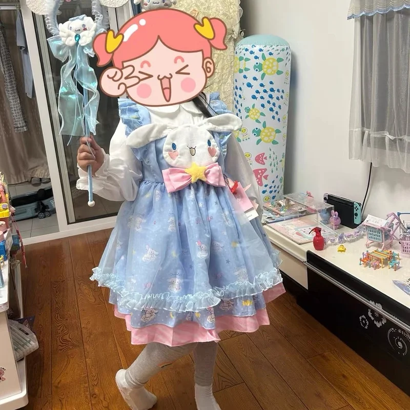 Girl Cartoon Lolita Dress Sanrios Cinnamoroll Spring Summer Birthday Party Role Play Tutu Dress Child Short Sleeve Dress Gift Dr