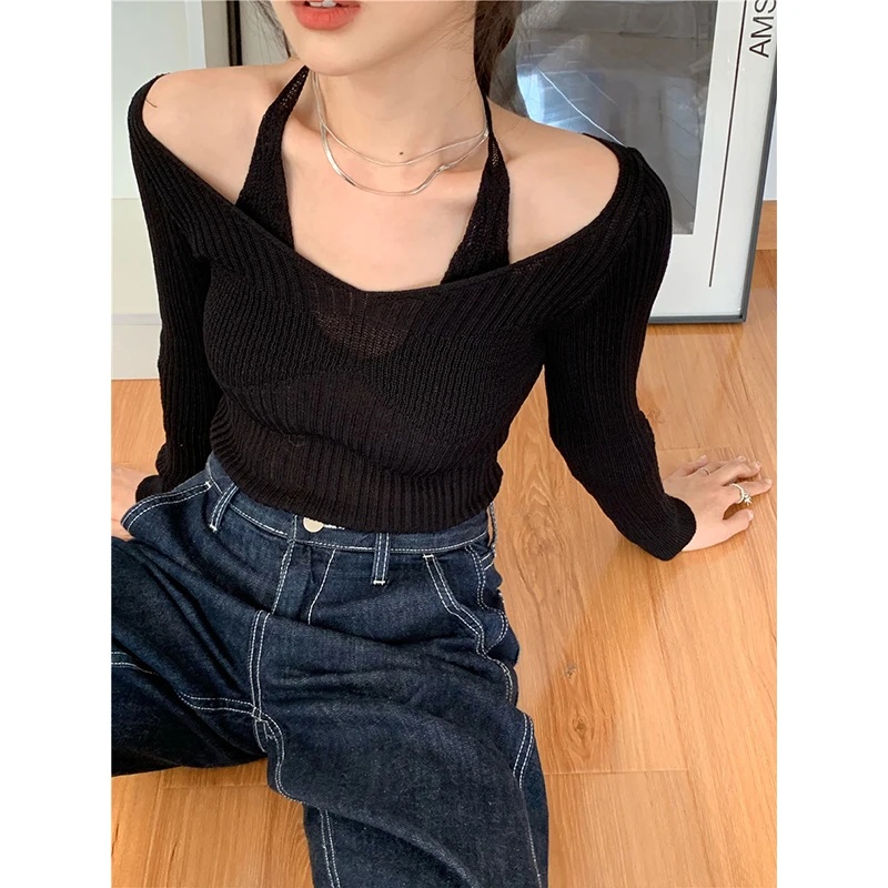 Korean Style Fake Two-Piece Halter White Sweater T-shirt Women\'s Autumn 2024 New Long Sleeve Slim Tight Bottoming Sweater Tops