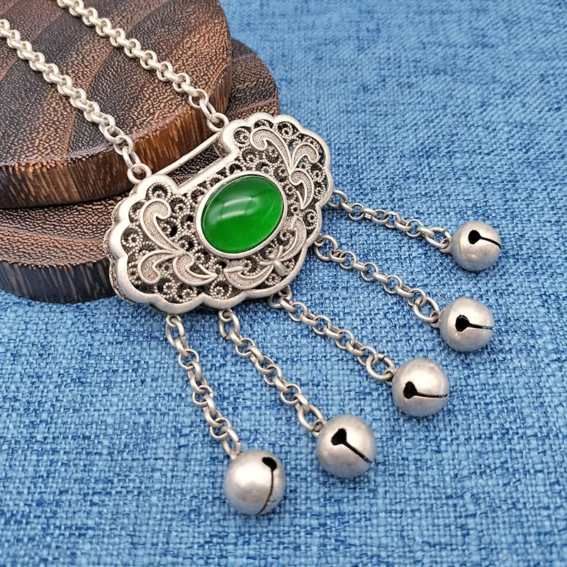 Miao Ethnic Silver Jewelry: A Long-Life Lock Pendant Carved Patterns Symbolizing Wealth Prosperity, Inlaid With Red And