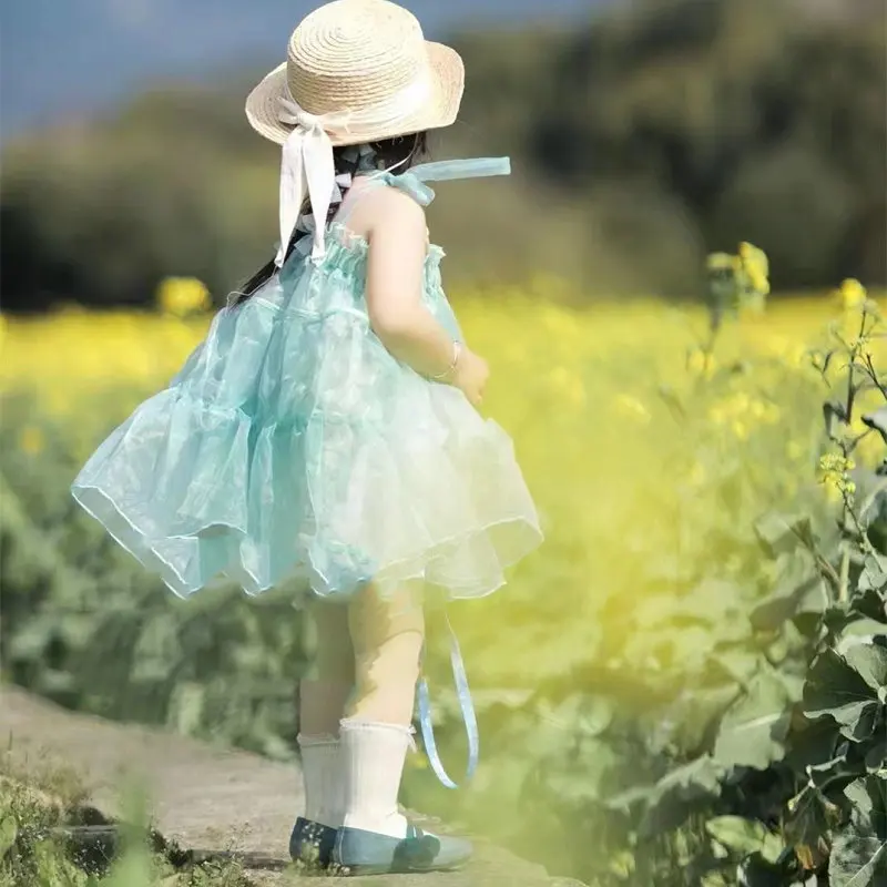 Girls' Dress Strap Mesh Dress Princess Dress25Summer New Foreign Trade Children's Wear Delivery3-8Years Old