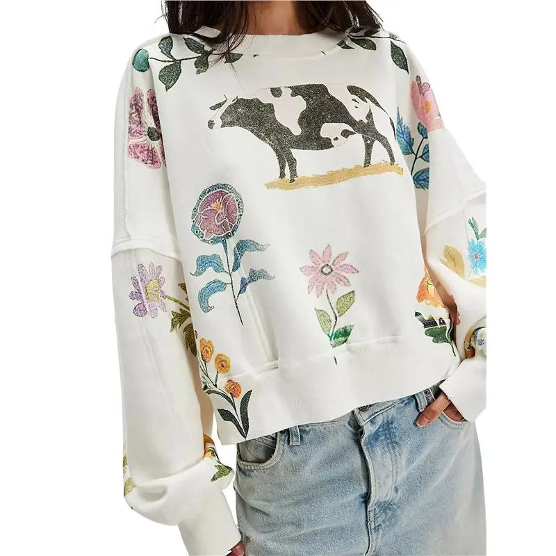 

CYL-Women's Long-Sleeved Crew Neck Top, Loose Fit, Casual, Stylish, Versatile Printed Sweatshirt