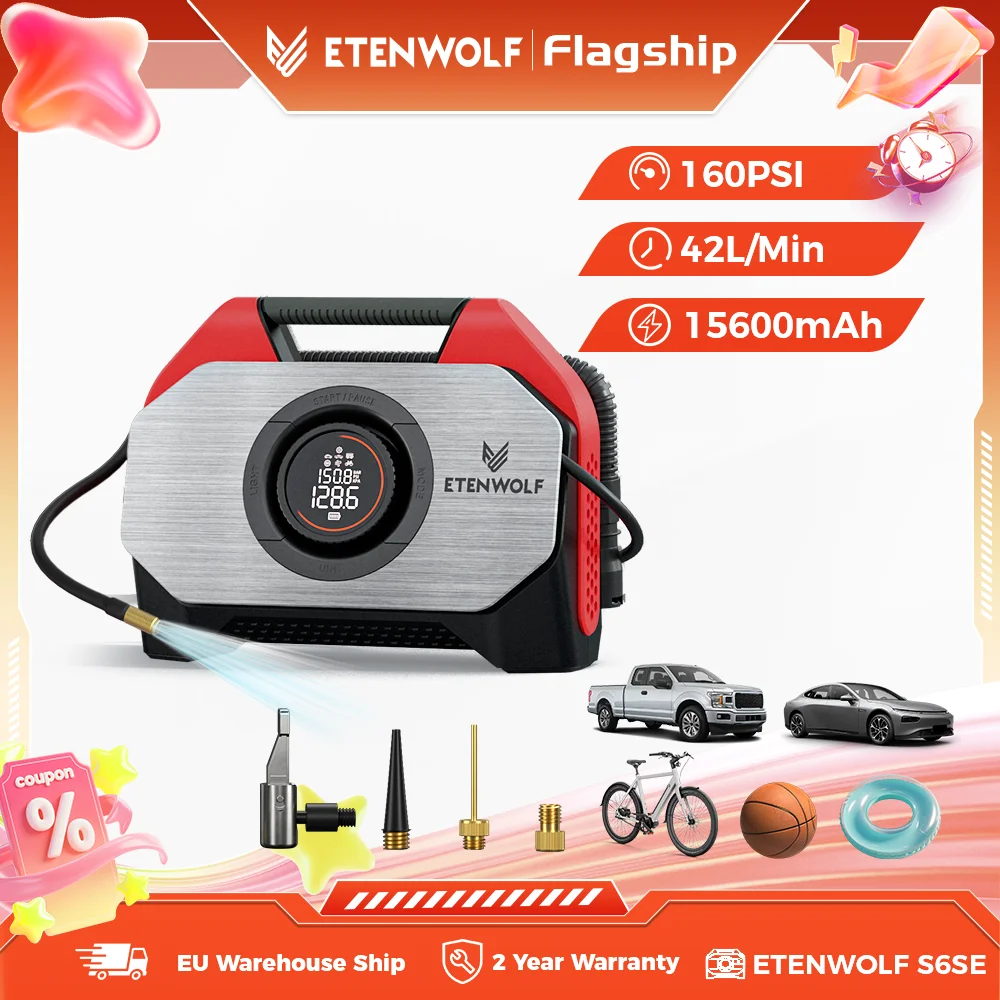 Autoluftkompressor ETENWOLF VORTEX S6SE – Kabelloser Reifenfüller 15600 mAh, 100% Einschaltdauer für Autos, Pick-ups und Motorräder