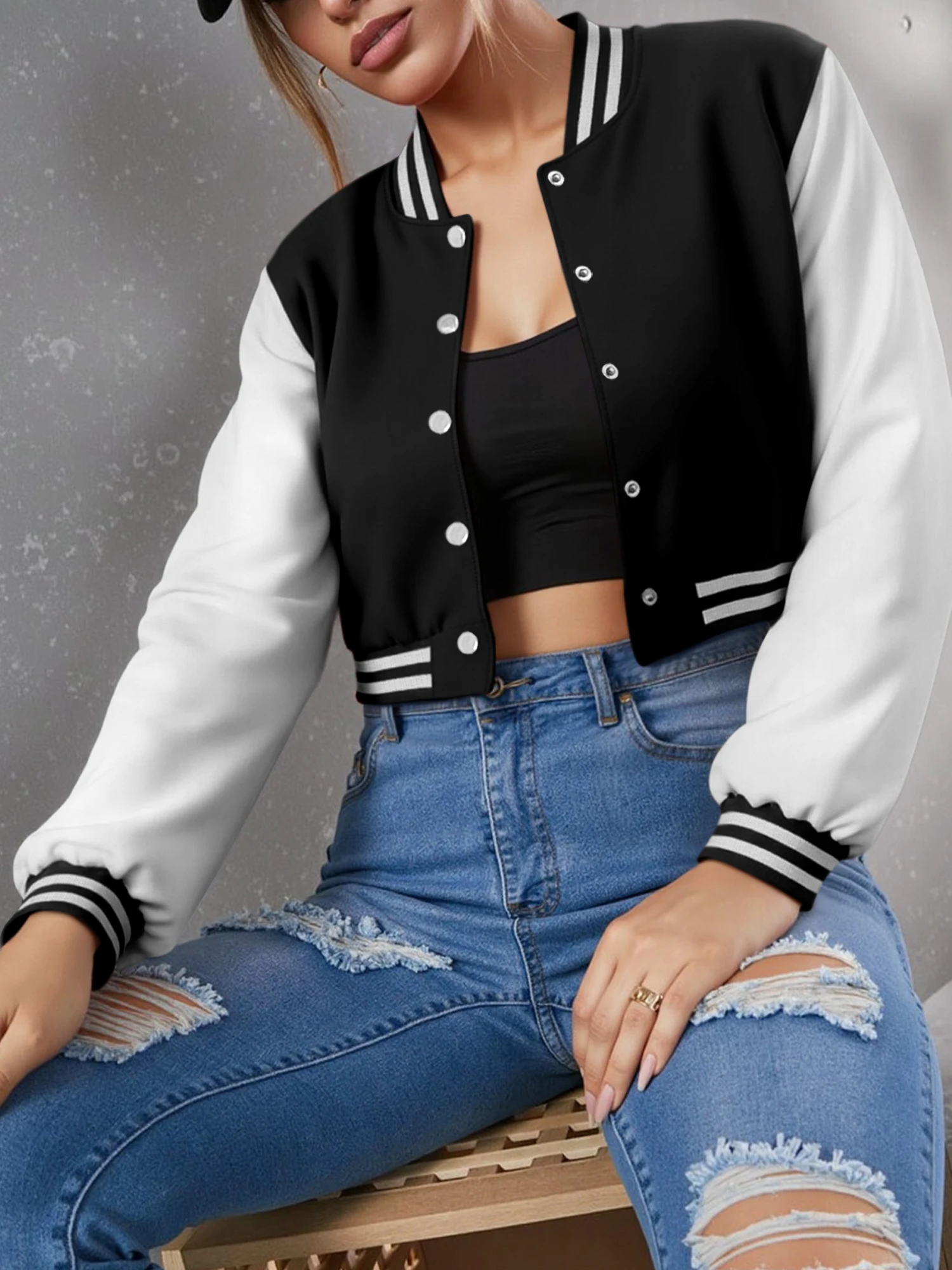 Women Trendy Color Block Crop Varsity Er Jacket Striped Cuff Stand Collar Single Breasted Street Fashion Short Coat