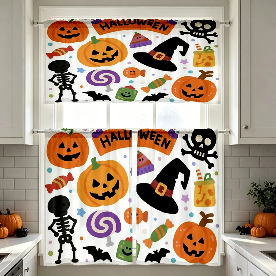 Halloween Fall Kitchen Curtains, Pumpkin Skull Witch Candy, Digital Print, Kitchen Dining Room, Rod Pocket Polyester, Home Decor