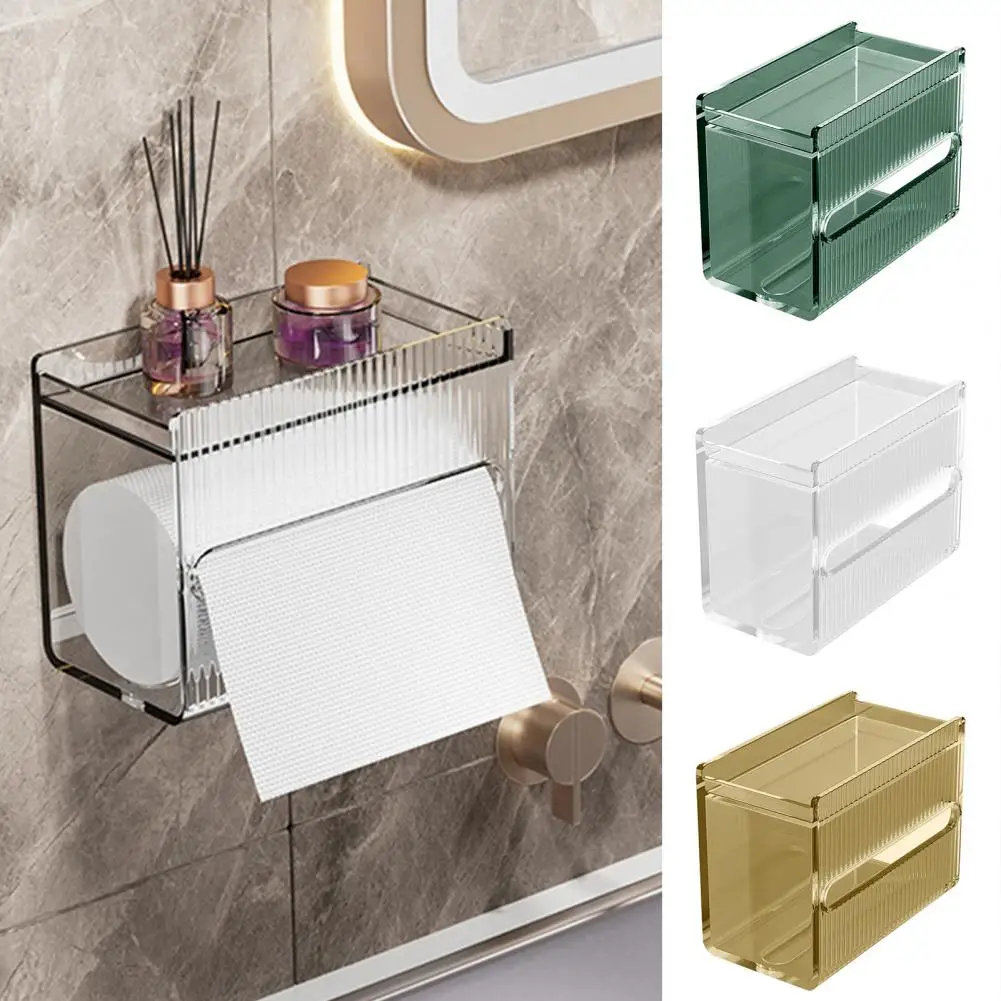 Toilet Tissue Box Storage Organizer Shelf Transparent Large Capacity Wall Mounted Paper Drawer Toilet Roll Paper Storage Rack