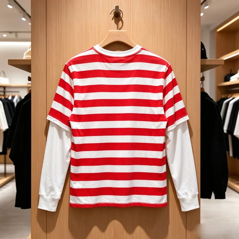 Red White Stripe Fake Two Pieces Protect Long Sleeve T-shirt Men Women Waffle Breathe Sleeve Loose Casual T Shirt Tee Yellow Tag