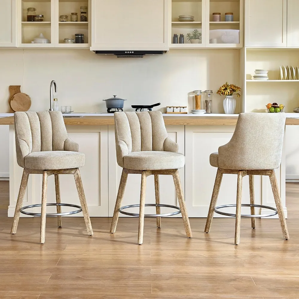 

Counter Height Bar Stools,Swivel Bar Stools with Backs,Barstools Set of 3,26'' Solid Wood Legs,Thick Seat