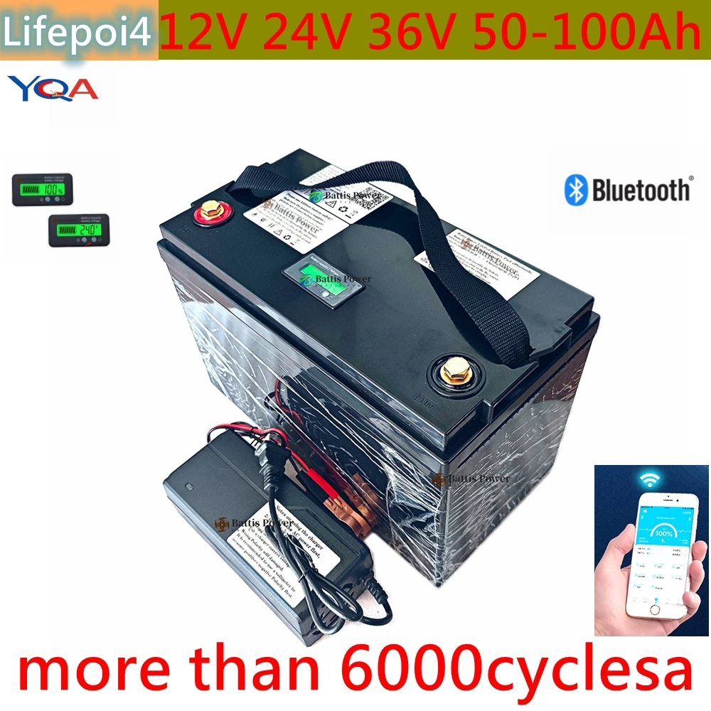 12V 100AH 120Ah 150Ah 24V 36V 40Ah 50AH 60Ah 80Ah lifepo4 lithium battery deep cycle batteries bluetooth BMS with charger