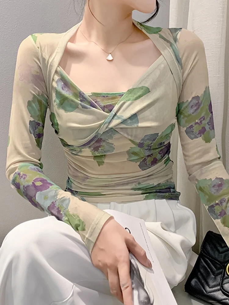 

Sexy Me V-Ne Long Sve T-irt Women's Dyed Print Pleated Slim Fit Breathable Base irt Commute Sle Autumn Season