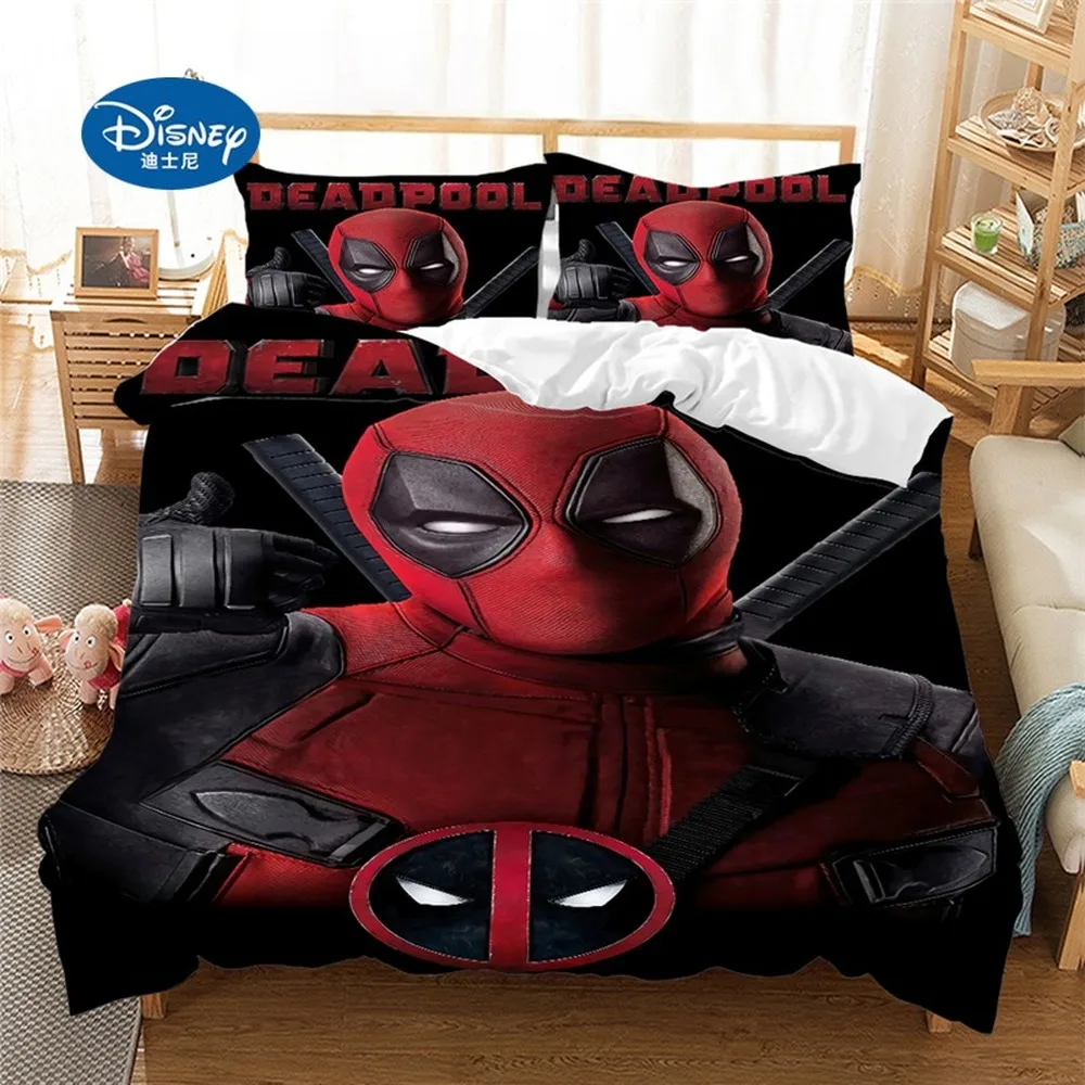 Disney-juego de ropa de cama de Deadpool, funda de edredón, funda de almohada, textiles para el hogar, regalo para adultos y niños, tamaño Queen y