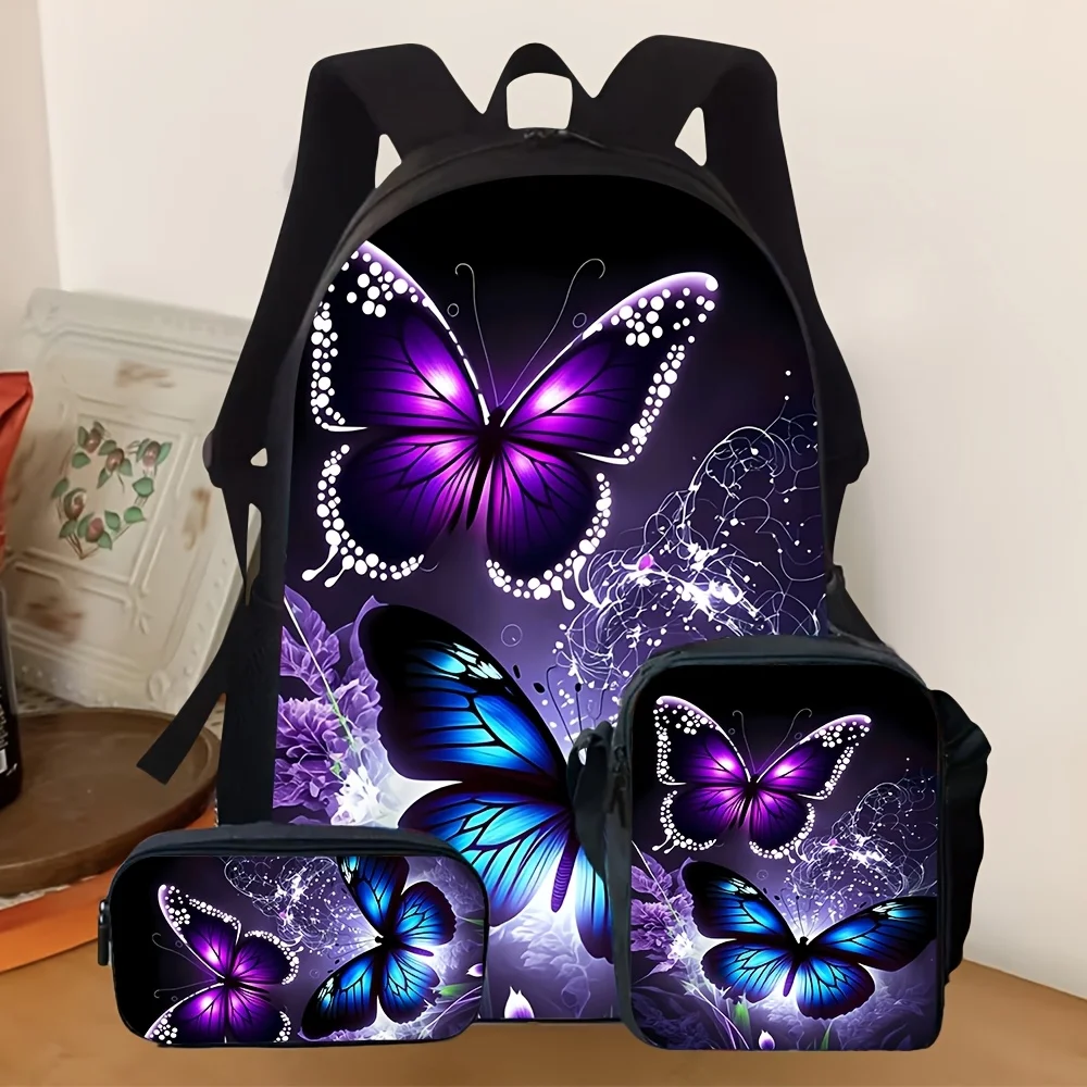 

3pcs [2D Flat] Butterfly Print Backpack Set School Backpack with Pencil Case & Crossbody Bag, Stylish Casual Bags for Daily Trav