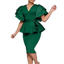 Women Short Sleeve V-neck Belt High Waist Midi Dress 2026 Summer Africa OL Work Evening Sexy Party Dresses Vestidos