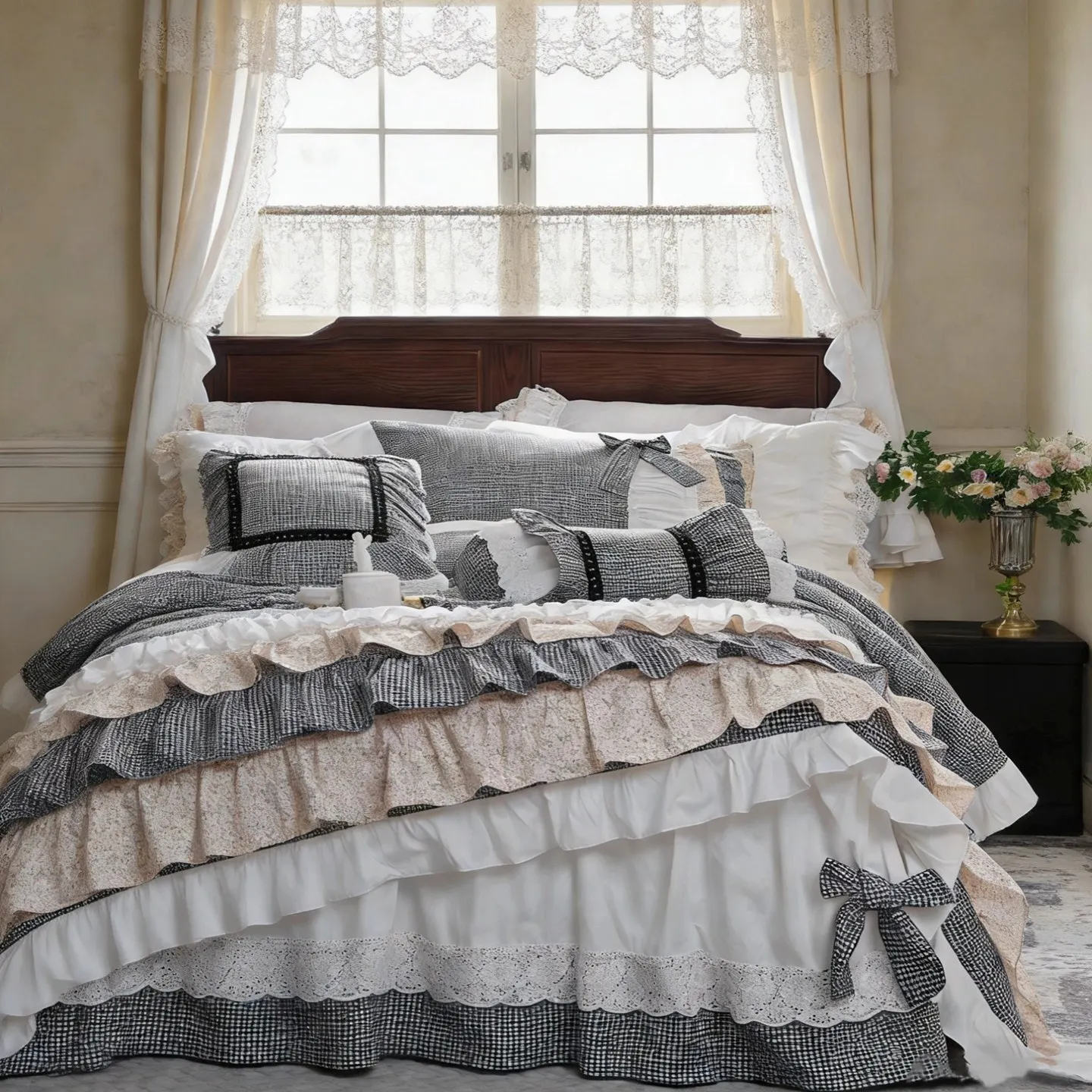 Country Cottagecore Bedding Set Princess Aesthetic Plaid Floral Ruffle Bed Skirt 100% Cotton Duvet Cover Set with Pillowcases