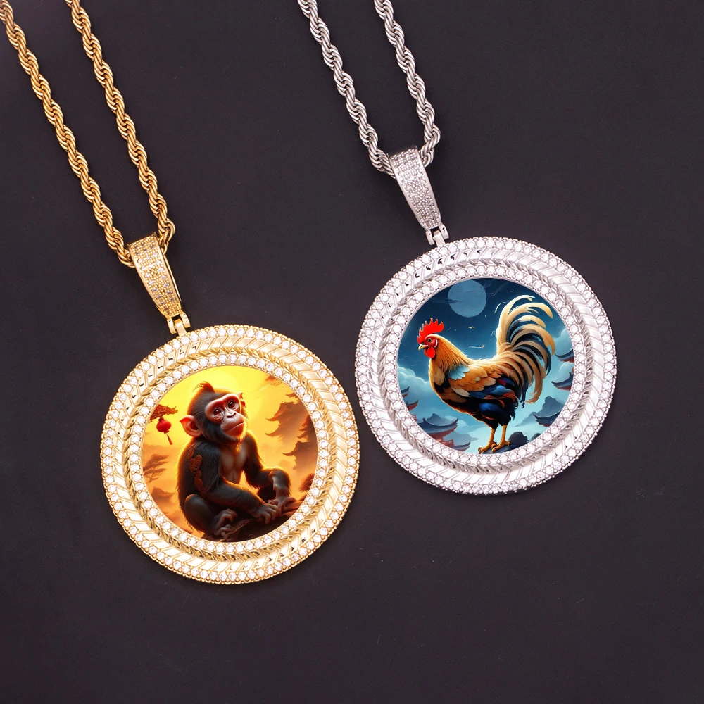 

Hip Hop Spikelet Design Iced Out Round Zodiac Chicken Photo Frame Pendants Sublimation Zircon Picture Memorial Necklace Jewelry