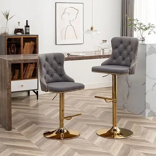 Velvet Bar Stools Set of 4, Counter Height Bar Stools with Button & Nailheads Trim, Gold Swivel Barstools for Kitchen