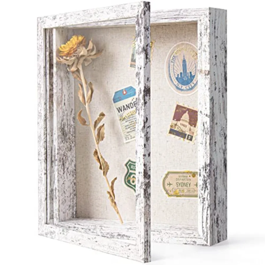 

Shadow Box Frame with Linen Back - Real Glass, Push Pins Included, Sturdy Rustic Memory Display Case, Fits 6..8 Inserts