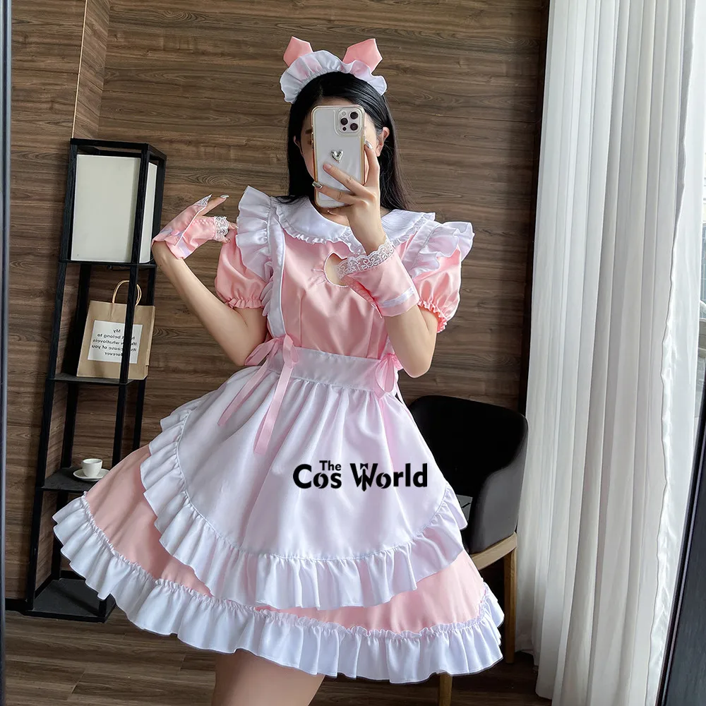 S-5XL Japanese Cat Hollow Out Lolita Housekeeper Maidservant Restaurant Apron Maid Dress Uniform Outfits Anime Cosplay Costumes