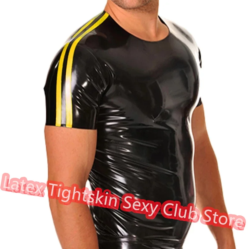 

Handmade Latex Men Sleeveless Shirt Man Sexy Tops Rubber Tank Vest with Yellow Trim Cosplay Costume