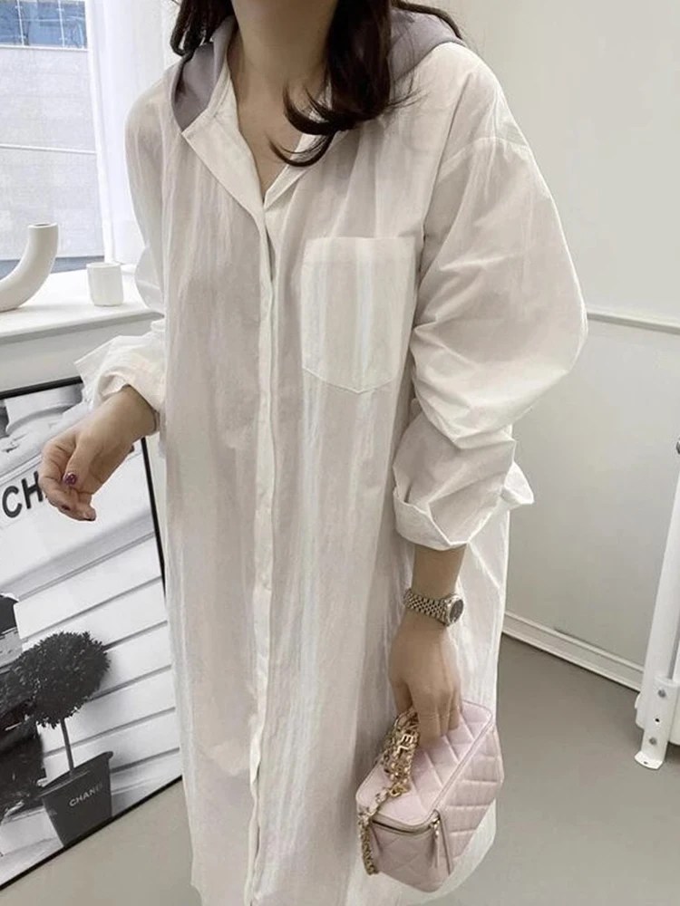 

SuperAen 2024 Korean Chic Style Autumn Single Breasted Loose Casual Long Sleeved Hooded Shirt Dress