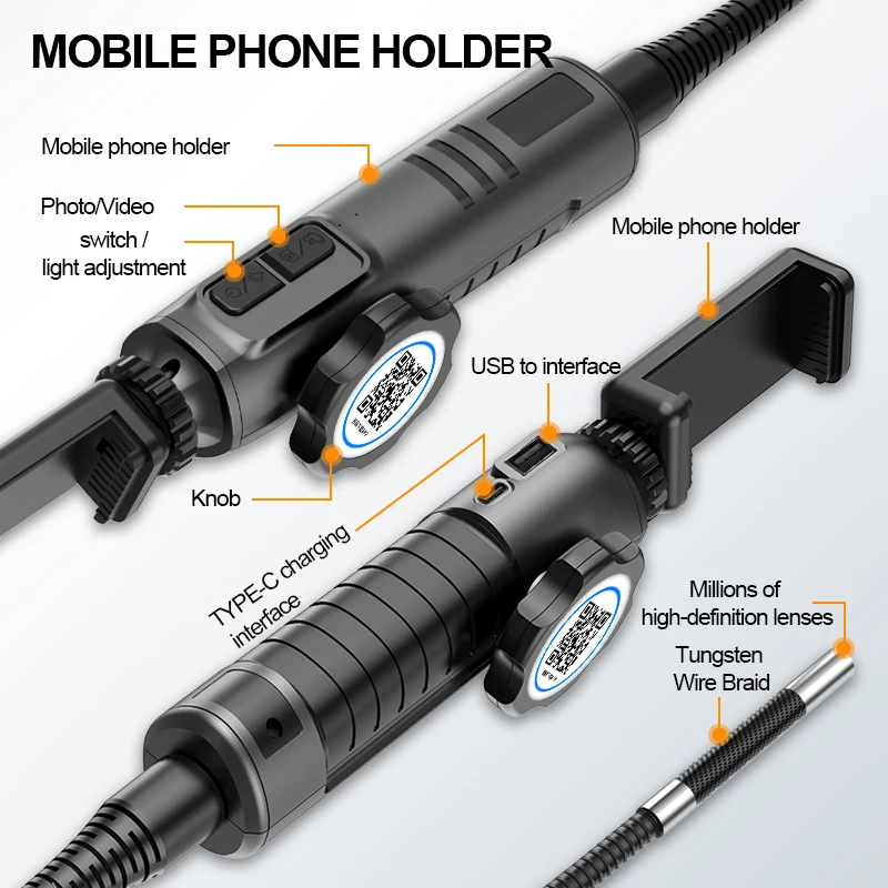 Articulating Borescope Inspection Camera IP67 Waterproof 8.5mm Lens Steering Probe HD 1080P Endoscope For Android and iOS Phone