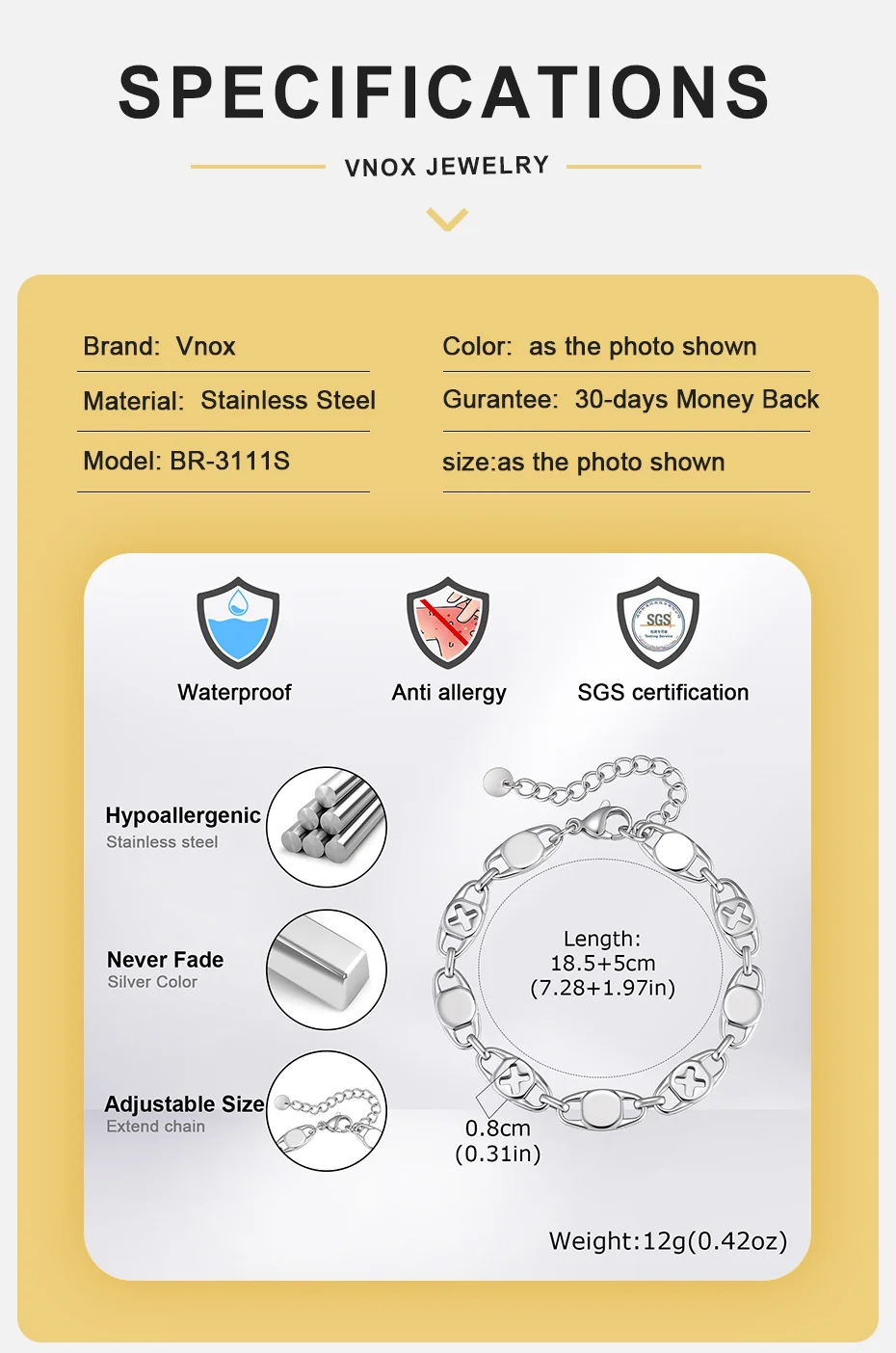 Vnox Edelstahl Kreuz-Oval-Gliederarmband, verstellbar, silberfarben, minimalistischer Armreif, Schmuckgeschenk für Herren, für den Alltag und Partys – Detail 4