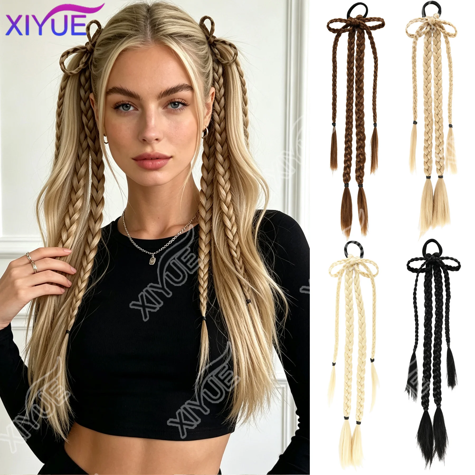 XIYUE  Synthetic bow Boxing Braid Ponytail Extension Braids Rubber Band Hairstyle Bow Knot Women Hairpiece
