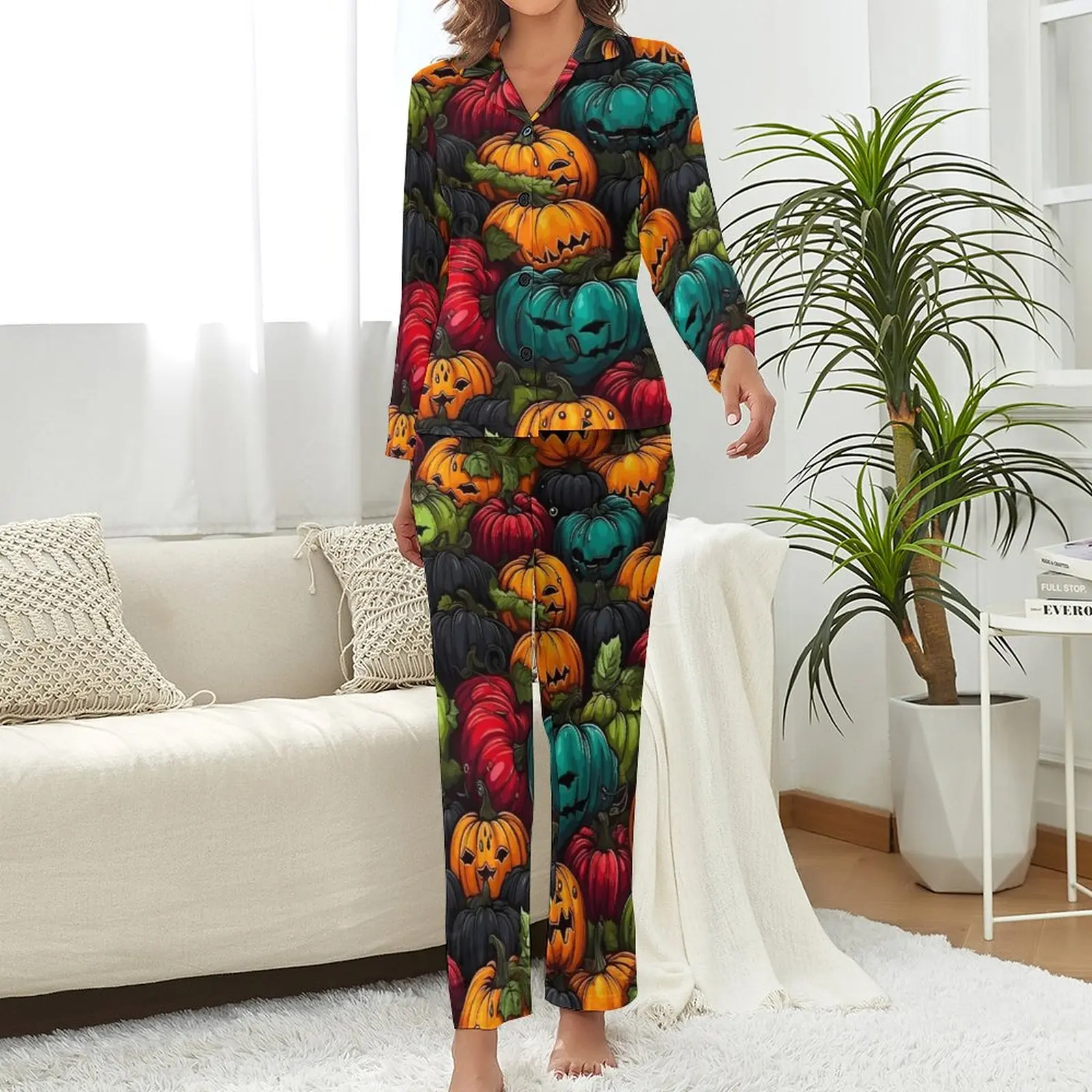 Halloween Print Pajamas Spring 2 Pieces Funny Pumpkin Trendy Pajama Sets Women Long Sleeves V Neck Bedroom Printed Home Suit