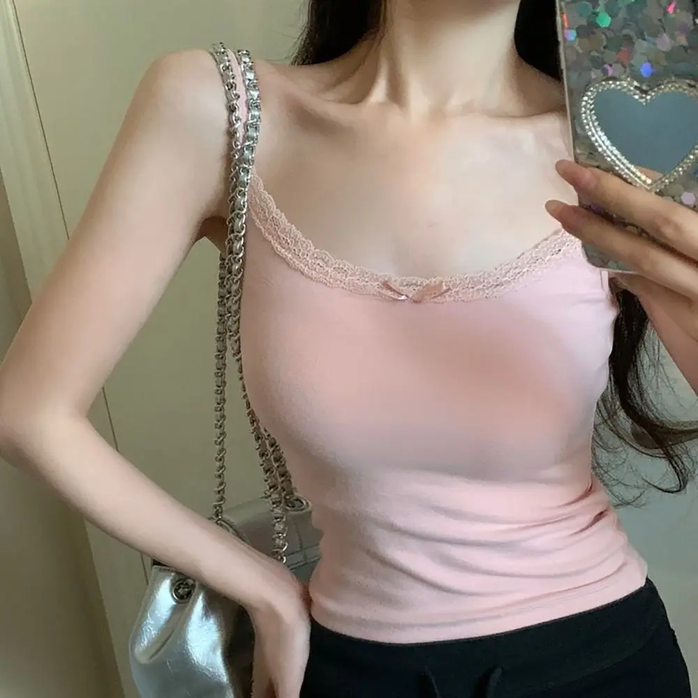 Simple Lace Trim Strappy Tank Tops Cotton Bow Short Vest Sensually Innocent Look Camisole Girls Women