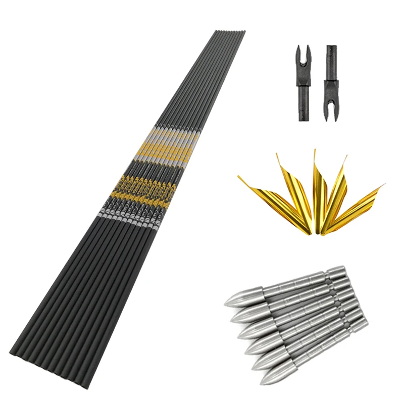 12PCS V1 300-900 Spine Compound Recurve Bow Archery Hunting Carbon Arrows Vanes Nock Points DIY